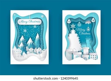 Merry Christmas near fir-tree and mountain. Residential buildings and hills with snowfall. Presents with decorations and tree vector illustration