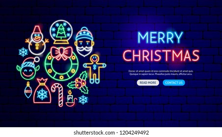 Merry Christmas Neon Banner Design. Vector Illustration of Winter Holiday Promotion.