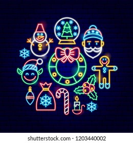 Merry Christmas Neon Concept. Vector Illustration of Winter Holiday Promotion.