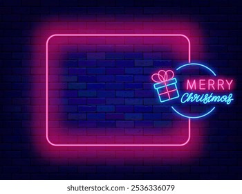 Merry Christmas neon greeting card. Empty pink frame and lettering with present. Celebration event and sale flyer. Copy space. Editing text. Vector stock illustration