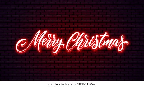 Merry Christmas neon handwritten lettering. Bright holiday calligraphy. Xmas neon text.