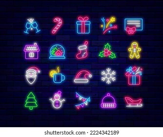 Merry Christmas neon icons collection. Winter holiday celebration. Firework, garland and snowman. Present, candy and drink. Happy New Year design. Season decoration. Vector stock illustration