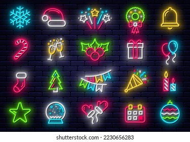 Merry Christmas neon icons collection. Christmas glowing neon icons, symbols and design elements. Collection of light signs, banners and signboards for New Year decoration. Vector