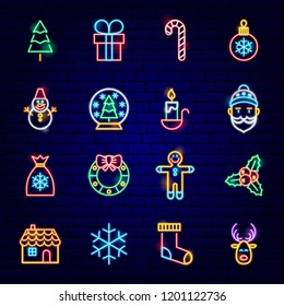 Feliz Navidad Neon Icons. Ilustración vectorial de los símbolos feriados de invierno.