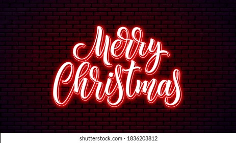 Merry Christmas neon lettering. Bright holiday calligraphy. Xmas neon handwritten text.