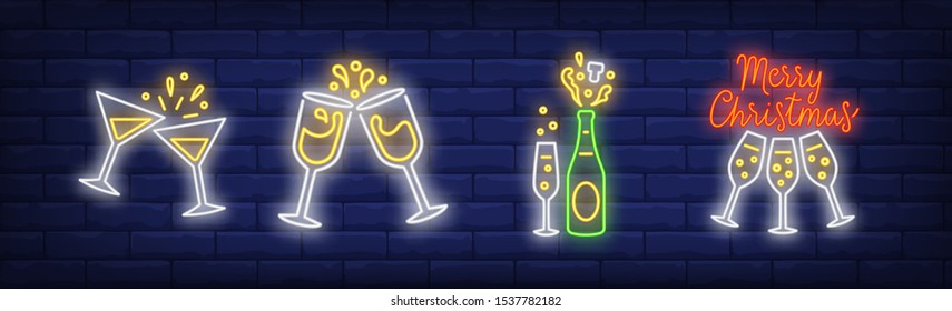 Merry Christmas neon lettering and champagne glasses set. Christmas, New Year Day, celebration design. Night bright neon sign, colorful billboard, light banner. Vector illustration in neon style.