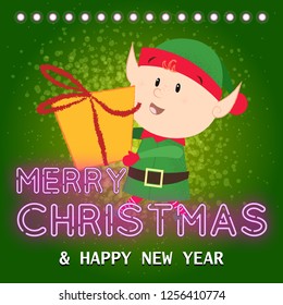 Merry Christmas neon lettering and elf with gift box. Christmas greeting card. Typed text, calligraphy. For leaflets, brochures, invitations, posters or banners.