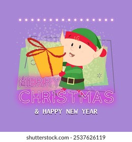 Merry Christmas neon lettering and elf with gift box. Christmas greeting card. Typed text, calligraphy. For leaflets, brochures, invitations, posters or banners.