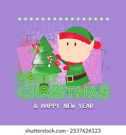Merry Christmas neon lettering and elf with fir-tree. Christmas greeting card. Typed text, calligraphy. For leaflets, brochures, invitations, posters or banners.