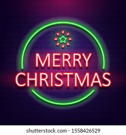 "Merry Christmas" neon lettering on brick wall background, vector illustration. Christmas festival concept .