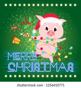 Merry Christmas neon lettering and pig with garland. Christmas greeting card. Typed text, calligraphy. For leaflets, brochures, invitations, posters or banners.