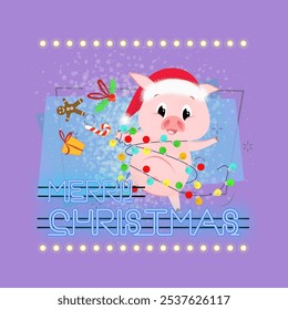 Merry Christmas neon lettering and pig with garland. Christmas greeting card. Typed text, calligraphy. For leaflets, brochures, invitations, posters or banners.