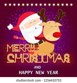 Merry Christmas neon lettering with Santa Claus riding reindeer. Christmas greeting card. Typed text, calligraphy. For leaflets, brochures, invitations, posters or banners.