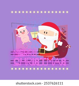 Merry Christmas neon lettering with Santa Claus and piglet. Christmas greeting card. Typed text, calligraphy. For leaflets, brochures, invitations, posters or banners.