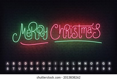 Merry Christmas neon lettering template. Bright sign for Christmas celebration