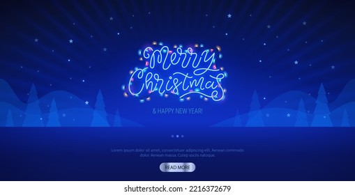 Merry Christmas Neon Lettering Website Template on Dark Blue Background. Vector clipart for your holiday project.