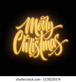 Merry Christmas neon lettering. Xmas greeting sign. Merry Christmas golden neon light isolated on black background. Xmas calligraphic text. Postcard, banner design element. Vector illustration