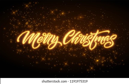 Merry Christmas neon lettering. Xmas greeting sign. Merry Christmas golden neon light isolated on black background. Xmas calligraphic text. Postcard, banner design element. Vector illustration