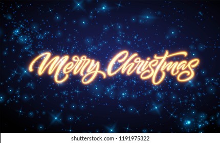 Merry Christmas neon lettering. Xmas greeting sign. Merry Christmas golden neon light isolated on black background. Xmas calligraphic text. Postcard, banner design element. Vector illustration