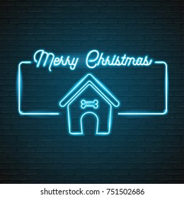 Merry Christmas Neon Light Glowing with Dog House Blue Light Vector Graphic Illustration