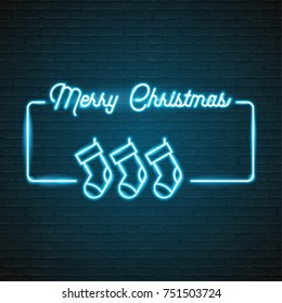 Merry Christmas  Neon Light Glowing with Christmas Socks Blue Light Vector Graphic Illustration