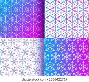 Merry Christmas neon pattern seamless collection. Blue purple pink white snowflake seamless pattern set. Christmas geometric pattern for fabric textile, package, gift box. Endles