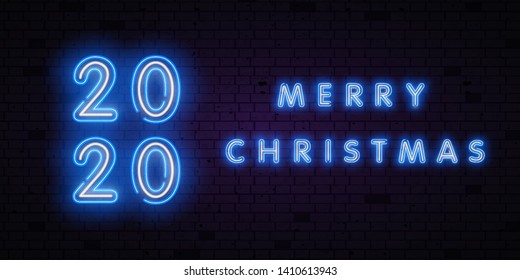 Merry Christmas neon sign of 2020 year logo for decoration and covering on the wall background. Concept of Happy New Year and Merry Christmas.