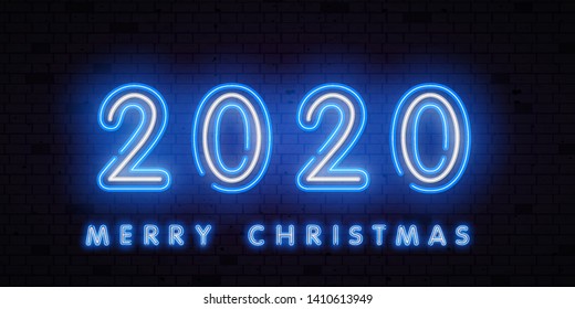 Merry Christmas neon sign of 2020 year logo for decoration and covering on the wall background. Concept of Happy New Year and Merry Christmas.