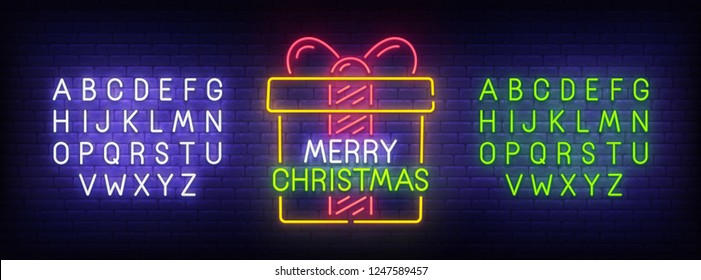 Merry Christmas neon sign, bright signboard, light banner. Christmas and Happy New Year logo. Neon sign creator. Neon text edit. Vector illustration