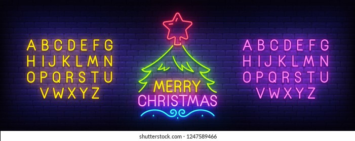 Merry Christmas neon sign, bright signboard, light banner. Christmas and Happy New Year logo. Neon sign creator. Neon text edit. Vector illustration