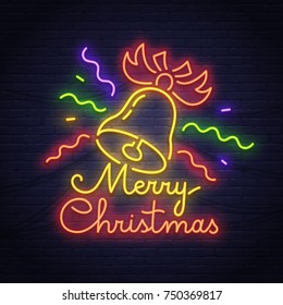 Merry Christmas neon sign. Happy New Year logo, emblem and label. Bright signboard, light banner. 