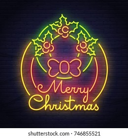 Merry Christmas neon sign. Neon sign. Christmas logo, emblem and label. Bright signboard, light banner. 