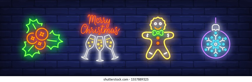 Merry Christmas neon sign set. Holly, Christmas ball, gingerbread man. Night bright advertisement. Vector illustration in neon style for banner, billboard