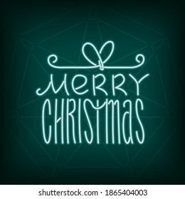 Merry Christmas Neon Sign Style Logo as Glowing Gift Box Shape Lettering Composition - White on Turquoise Seven Point Star of Bethlehem Background - Vector Doodle Design