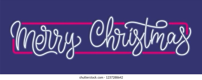 Merry Christmas neon sign. Vector background. Neon luminous signboard, bright luminous banner with text in hand-written style.