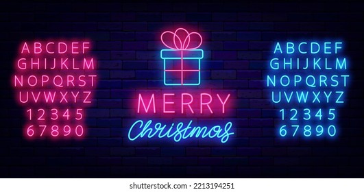 Merry Christmas neon signboard with gift box icon. Luminous pink and blue alphabet. Light lettering. Greeting card emblem. Winter holiday event. Glowing effect poster. Vector stock illustration