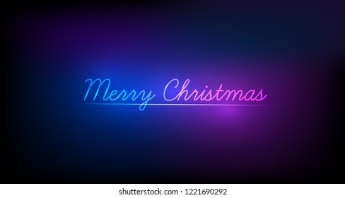 Merry Christmas neon text design. Violet blue neon script. Vector template for Xmas greeting banner, card.