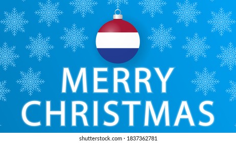 Merry Christmas with Netherlands flag.Illustration with snowflakes and Christmas balls on a blue background.Vector illustration.