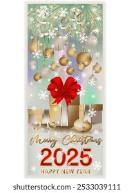 Merry Christmas New 2025 year gift box greeting card, vector illustration