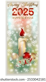 Merry Christmas New 2025 year, candle greeting card, vector illustration