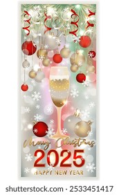 Merry Christmas, New 2025 year champagne  card, vector illustration