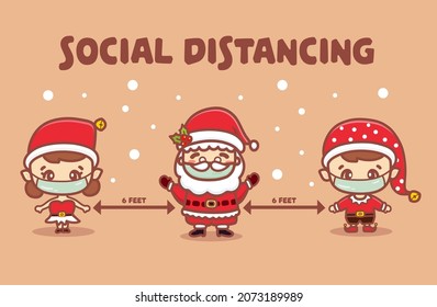 Feliz Navidad para un nuevo concepto normal y pancarta de distanciamiento social, linda santa, elf, koala con máscara quirúrgica protege el coronavirus covid-19 en invierno de la escena de la nieve.