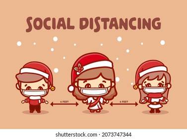 Merry Christmas for new normal concept and social distancing banner in church with jesus and people wear mask protect coronavirus covid-19 