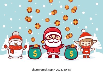 Merry Christmas for new normal concept and social distancing banner, cute santa with surgical mask protect coronavirus covid-19 in snow scene winter.