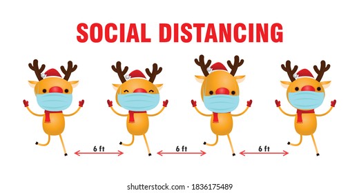 Merry Christmas for new normal lifestyle concept and social distancing, Christmas cartoon character. group of reindeer with surgical mask protect coronavirus covid-19  isolated vector