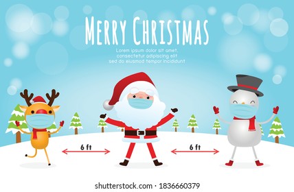 Merry Christmas for new normal lifestyle concept and social distancing, Christmas cartoon character. Santa Claus, snowman and reindeer with surgical mask protect coronavirus covid-19  isolated vector