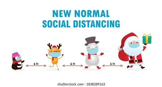 Merry Christmas for new normal lifestyle concept and social distancing, Christmas cartoon character. Santa Claus, snowman, penguin and reindeer with surgical mask protect coronavirus covid-19 vector
