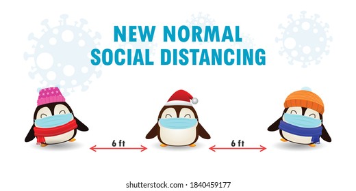 Merry Christmas for new normal lifestyle concept and social distancing, cute of penguin with surgical mask protect coronavirus covid-19 in snow scene winter banner, Xmas holiday party concept vector 