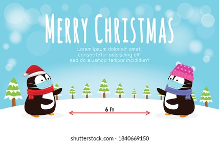 Merry Christmas for new normal lifestyle concept and social distancing, cute of penguin with surgical mask protect coronavirus covid-19 in snow scene winter banner, Xmas holiday party concept vector 