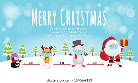 Merry Christmas for new normal lifestyle concept and social distancing, Christmas cartoon character. Santa Claus, snowman, penguin and reindeer with surgical mask protect coronavirus covid-19 vector